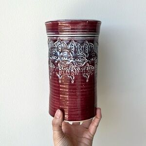 Vintage Handmade Carved Pottery Vase Decor